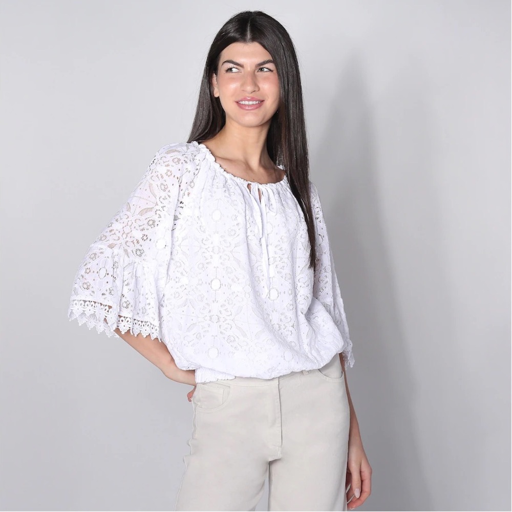 Women’s Astrid Almost Famous Made in Italy 3/4 Sleeve Lined Tie Neck Lace Top L